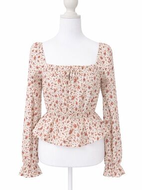 Paper Crane Cream Floral Peplum Blouse with Rust Accents size M